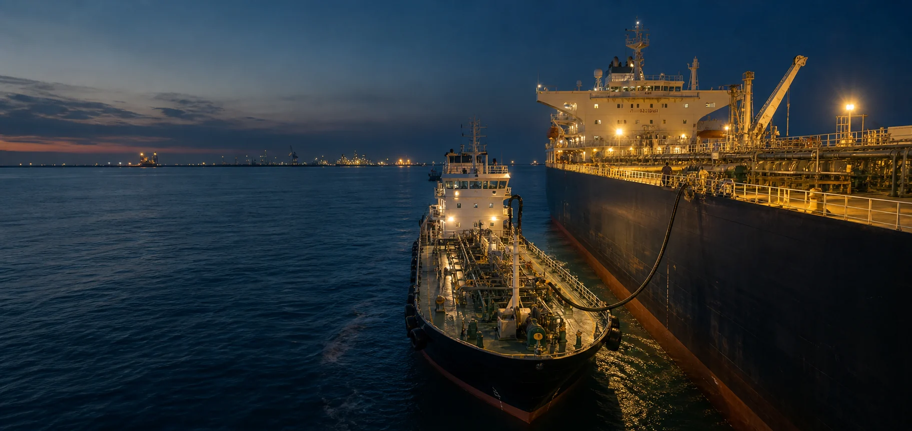 Marine bunkering operation at blue hour