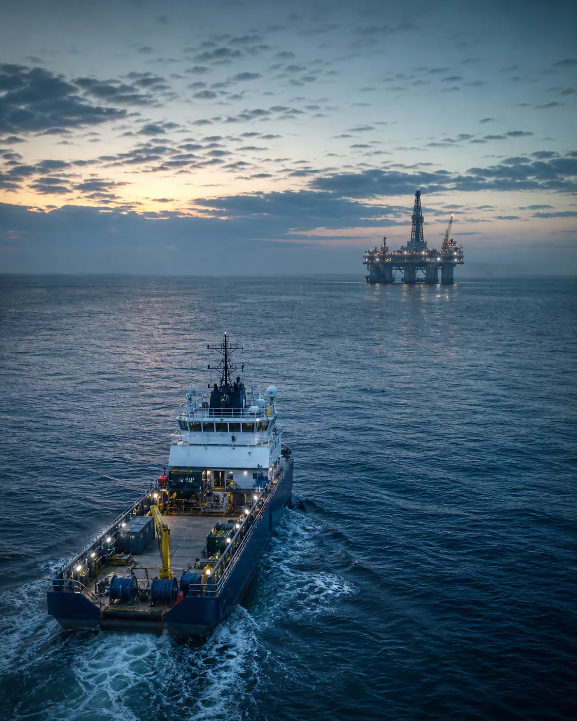 Illustrative offshore support vessel at dawn